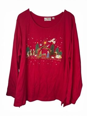 The Quacker Factory Vintage 90’s Red Embroidered Nativity Christmas Top Size 2X